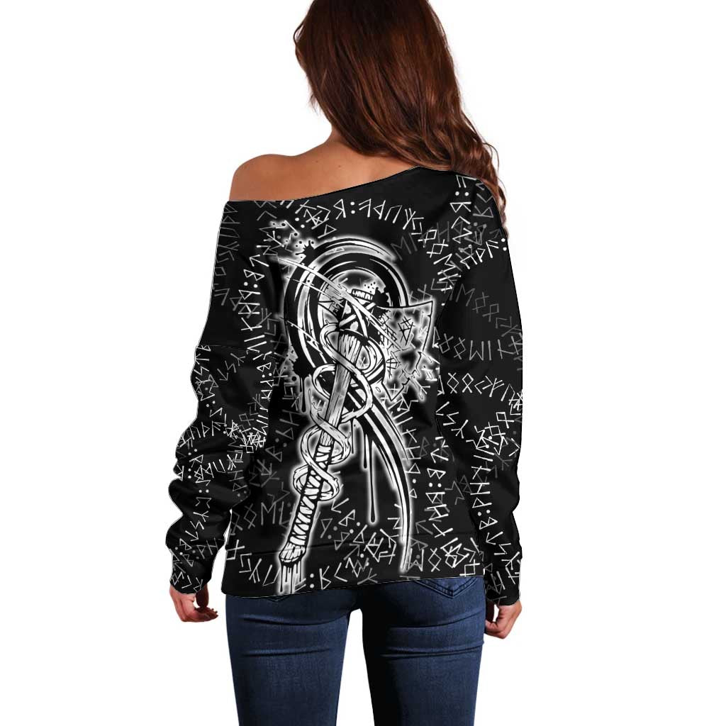 Norse Dragon and Viking Axe Off Shoulder Sweater Monochrome Runic Line Art Illustration