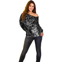 Norse Dragon and Viking Axe Off Shoulder Sweater Monochrome Runic Line Art Illustration