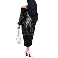 Norse Dragon and Viking Axe Off The Shoulder Long Sleeve Dress Monochrome Runic Line Art Illustration