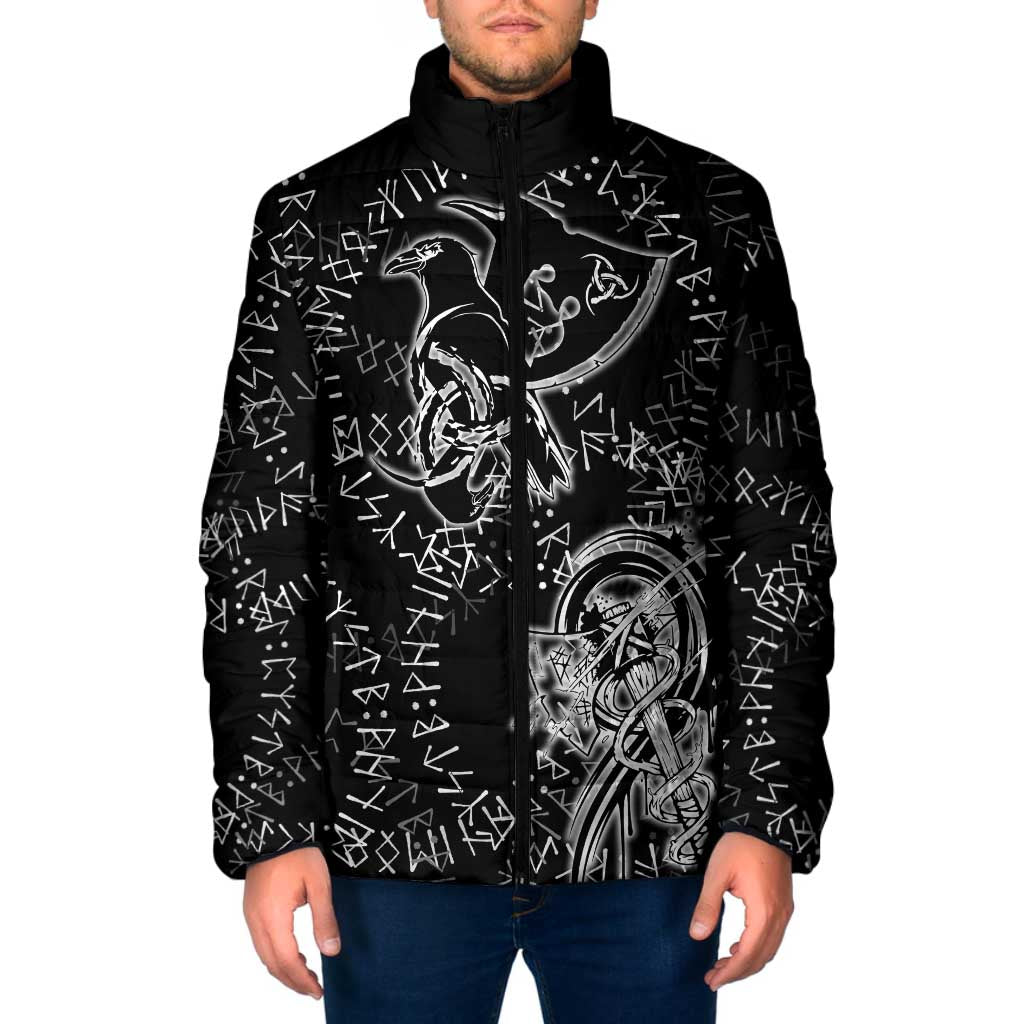 Norse Dragon and Viking Axe Padded Jacket Monochrome Runic Line Art Illustration