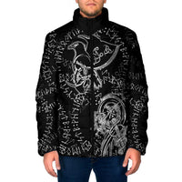 Norse Dragon and Viking Axe Padded Jacket Monochrome Runic Line Art Illustration