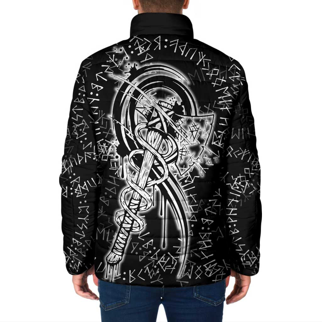 Norse Dragon and Viking Axe Padded Jacket Monochrome Runic Line Art Illustration