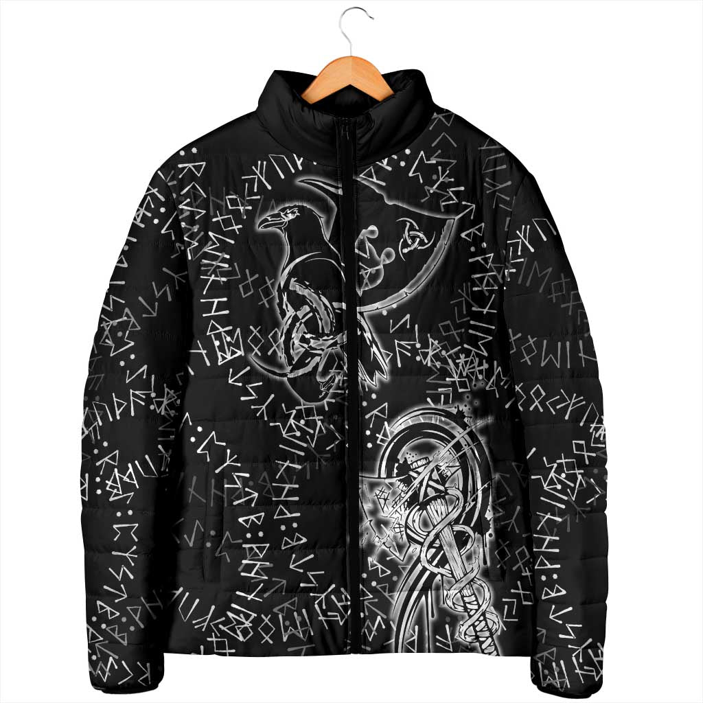 Norse Dragon and Viking Axe Padded Jacket Monochrome Runic Line Art Illustration