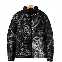 Norse Dragon and Viking Axe Padded Jacket Monochrome Runic Line Art Illustration