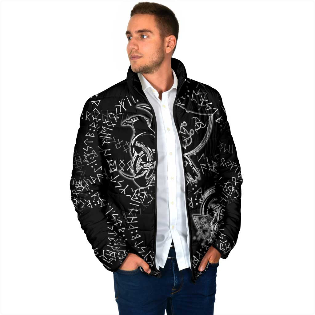 Norse Dragon and Viking Axe Padded Jacket Monochrome Runic Line Art Illustration