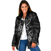 Norse Dragon and Viking Axe Padded Jacket Monochrome Runic Line Art Illustration