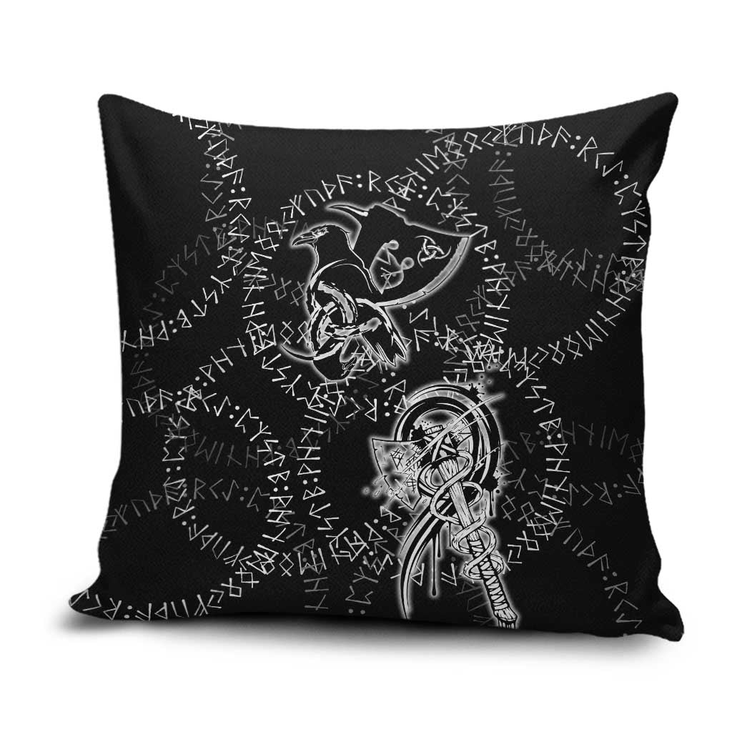 Norse Dragon and Viking Axe Pillow Cover Monochrome Runic Line Art Illustration