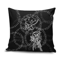 Norse Dragon and Viking Axe Pillow Cover Monochrome Runic Line Art Illustration
