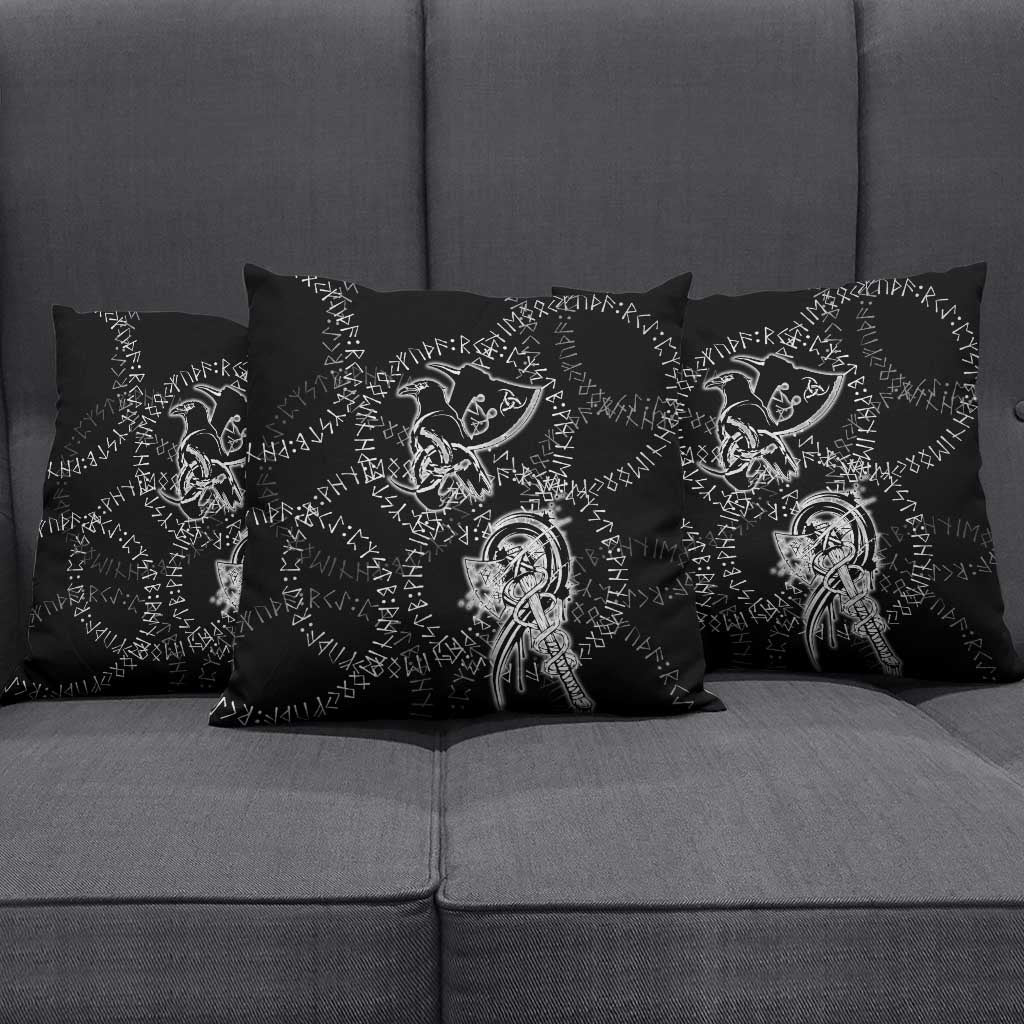Norse Dragon and Viking Axe Pillow Cover Monochrome Runic Line Art Illustration