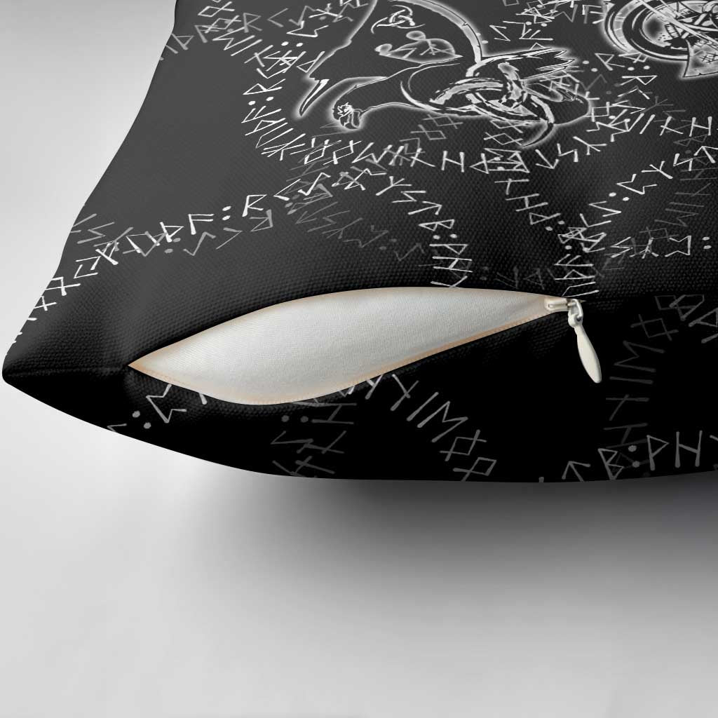 Norse Dragon and Viking Axe Pillow Cover Monochrome Runic Line Art Illustration