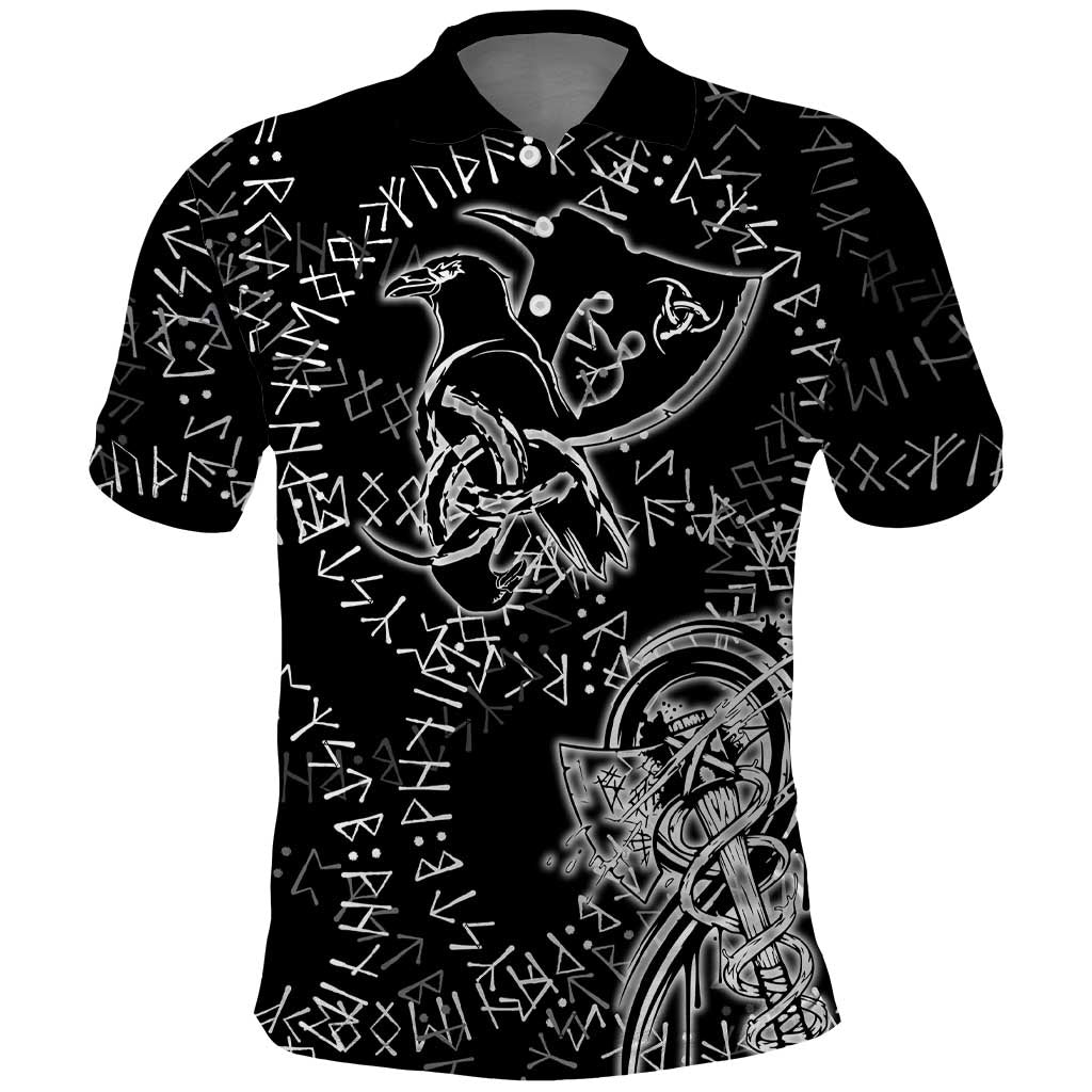 Norse Dragon and Viking Axe Polo Shirt Monochrome Runic Line Art Illustration