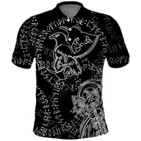 Norse Dragon and Viking Axe Polo Shirt Monochrome Runic Line Art Illustration