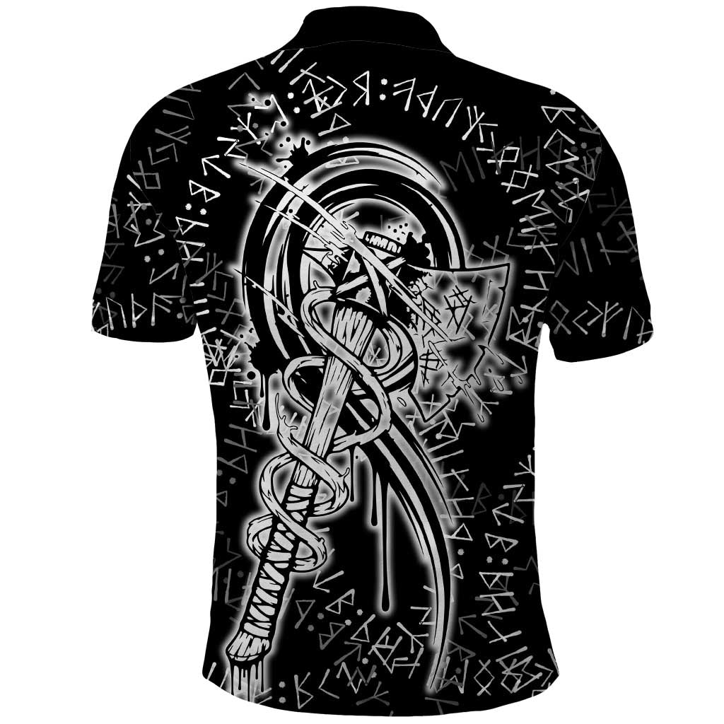 Norse Dragon and Viking Axe Polo Shirt Monochrome Runic Line Art Illustration