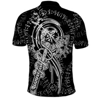 Norse Dragon and Viking Axe Polo Shirt Monochrome Runic Line Art Illustration