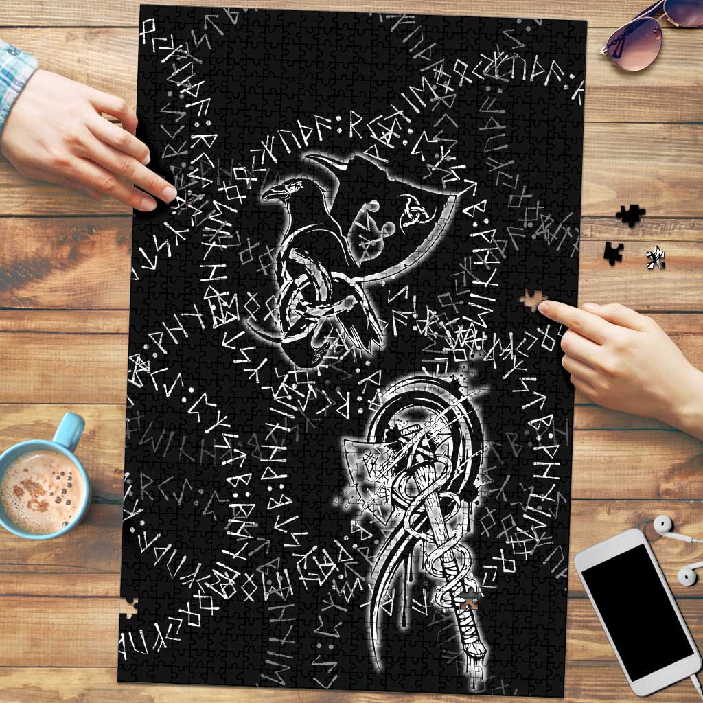 Norse Dragon and Viking Axe Puzzle Monochrome Runic Line Art Illustration