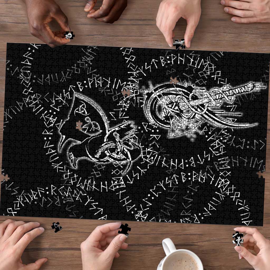 Norse Dragon and Viking Axe Puzzle Monochrome Runic Line Art Illustration