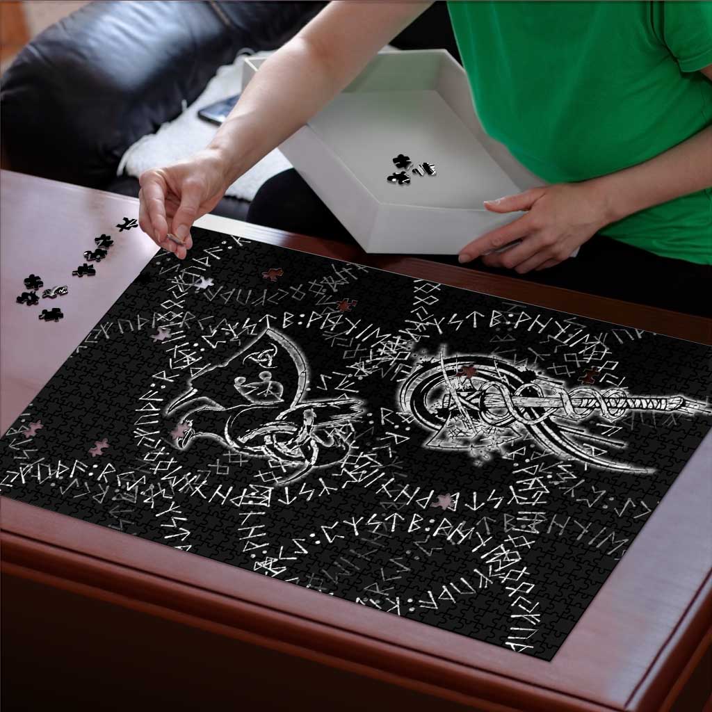 Norse Dragon and Viking Axe Puzzle Monochrome Runic Line Art Illustration