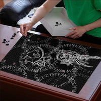 Norse Dragon and Viking Axe Puzzle Monochrome Runic Line Art Illustration