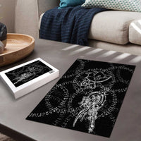 Norse Dragon and Viking Axe Puzzle Monochrome Runic Line Art Illustration