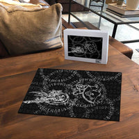 Norse Dragon and Viking Axe Puzzle Monochrome Runic Line Art Illustration