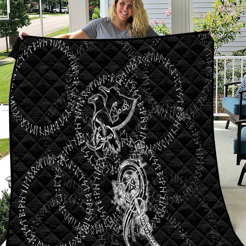 Norse Dragon and Viking Axe Quilt Monochrome Runic Line Art Illustration