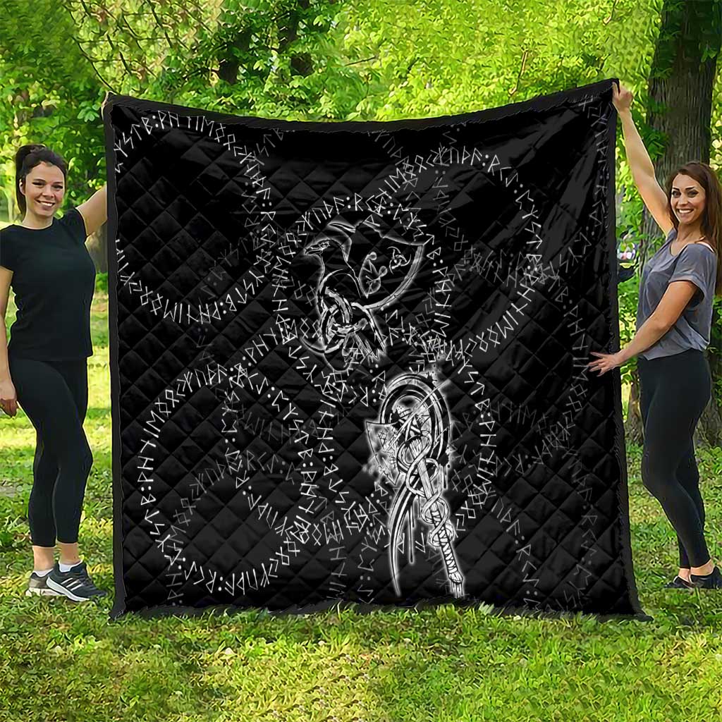Norse Dragon and Viking Axe Quilt Monochrome Runic Line Art Illustration