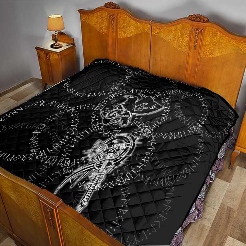Norse Dragon and Viking Axe Quilt Monochrome Runic Line Art Illustration