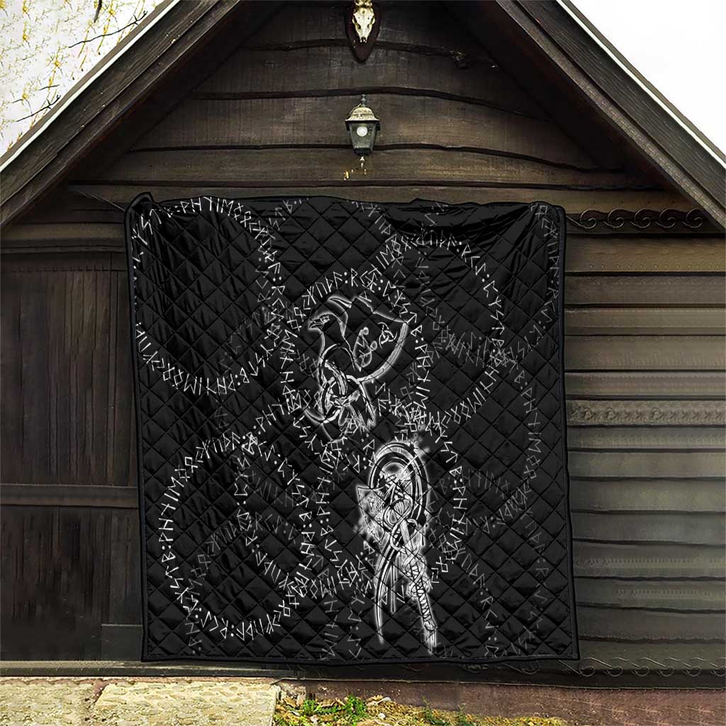 Norse Dragon and Viking Axe Quilt Monochrome Runic Line Art Illustration