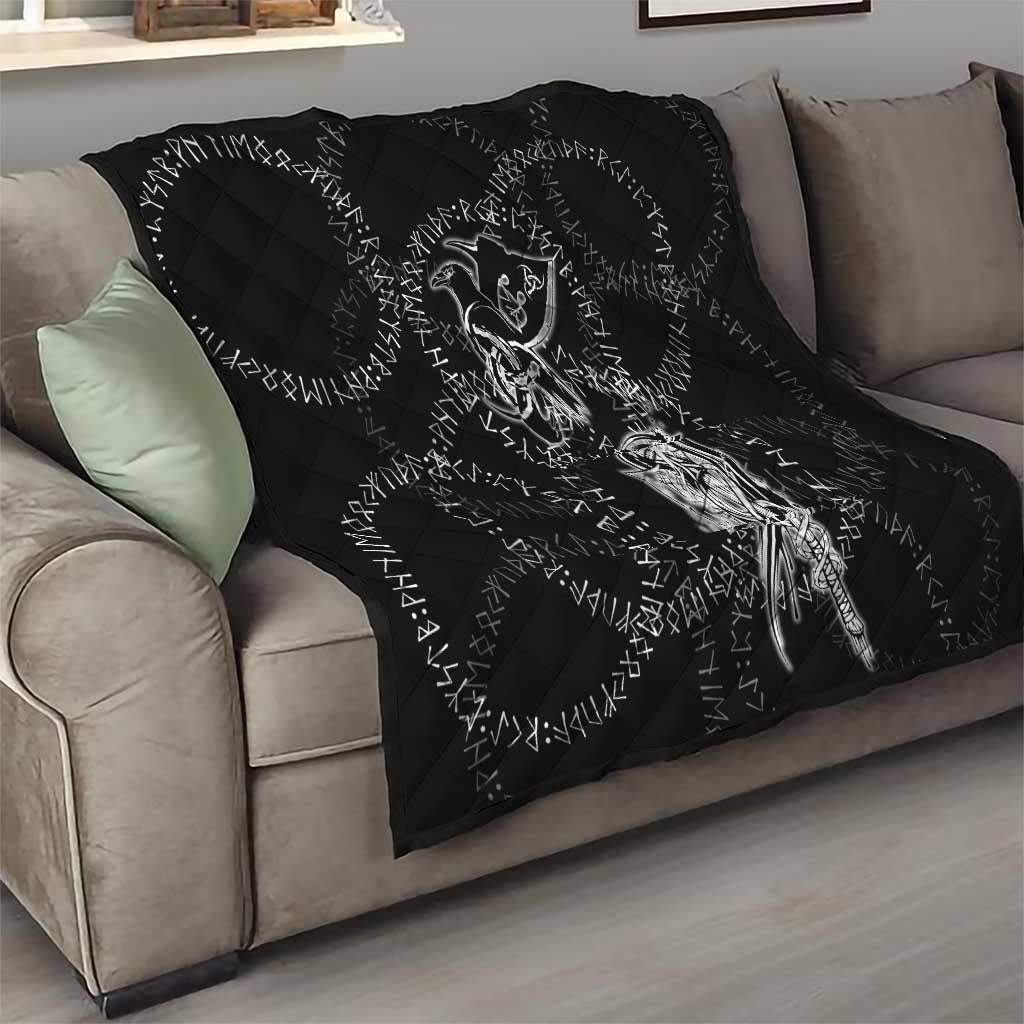 Norse Dragon and Viking Axe Quilt Monochrome Runic Line Art Illustration