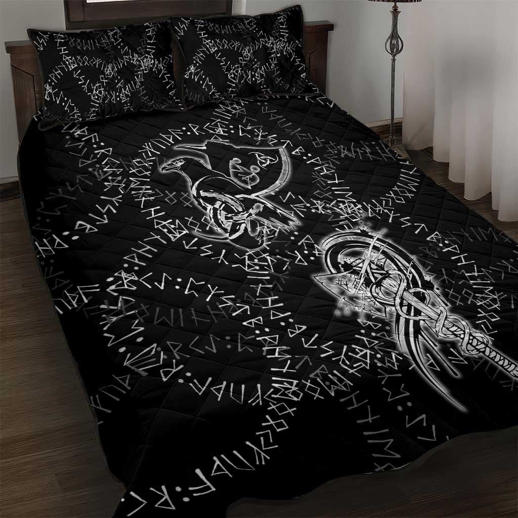 Norse Dragon and Viking Axe Quilt Bed Set Monochrome Runic Line Art Illustration