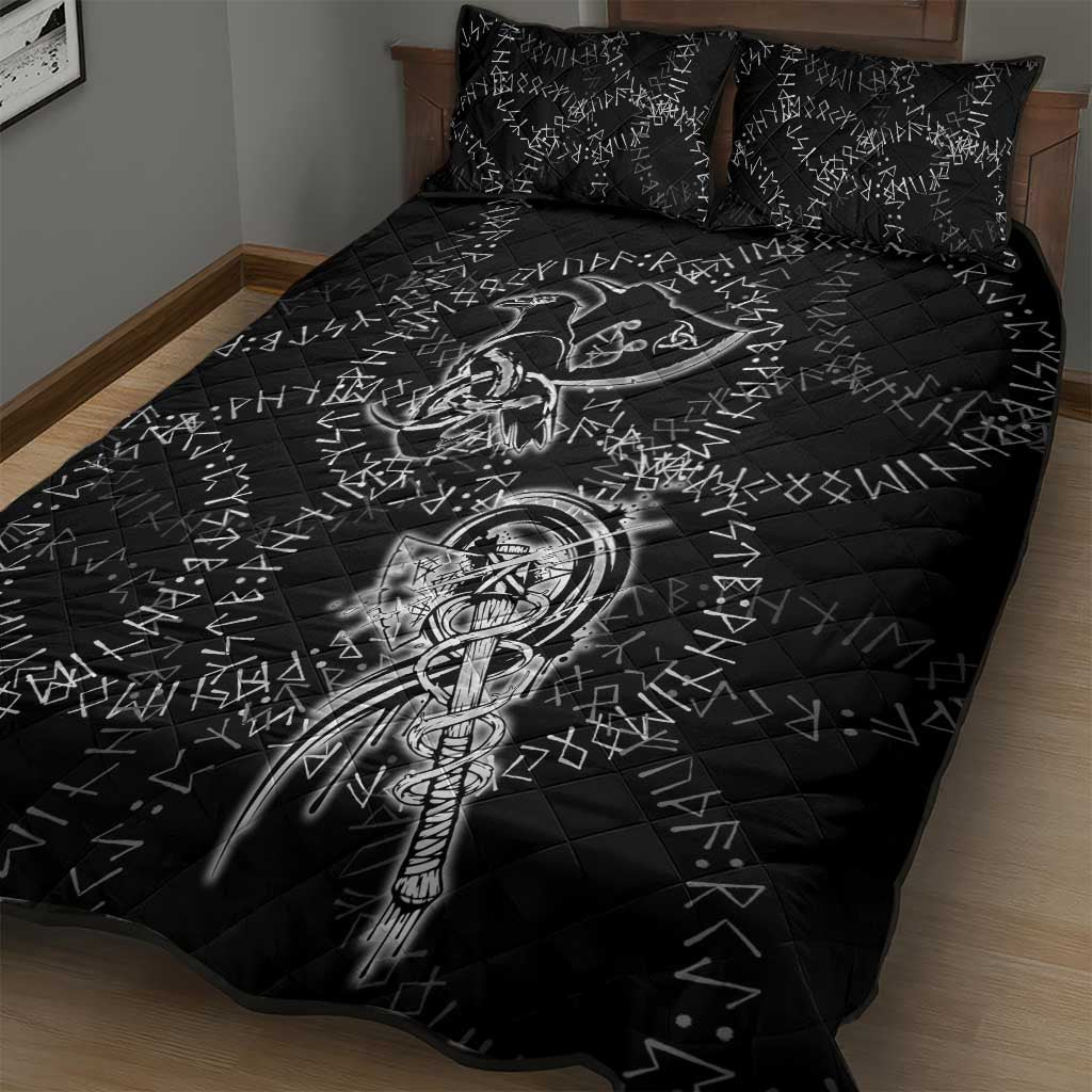 Norse Dragon and Viking Axe Quilt Bed Set Monochrome Runic Line Art Illustration