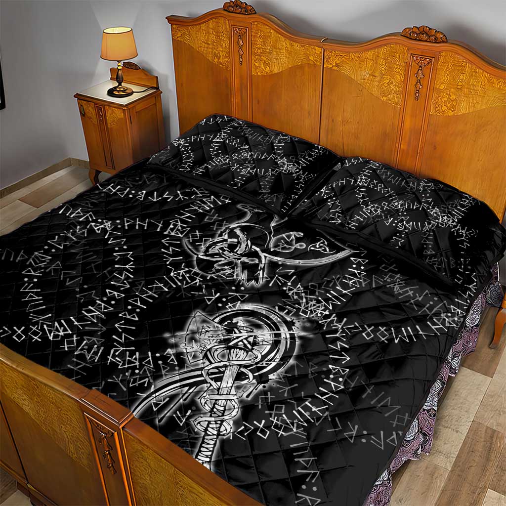Norse Dragon and Viking Axe Quilt Bed Set Monochrome Runic Line Art Illustration
