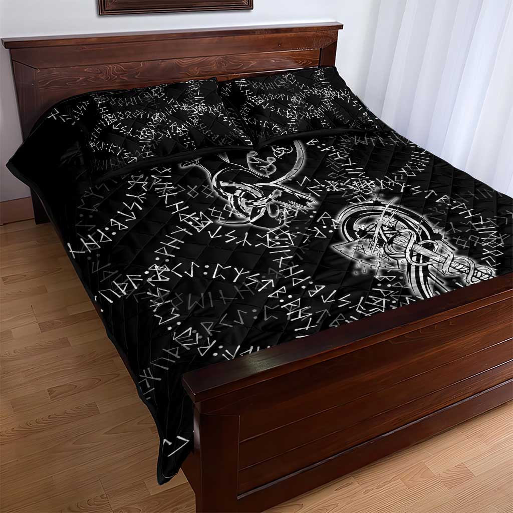 Norse Dragon and Viking Axe Quilt Bed Set Monochrome Runic Line Art Illustration