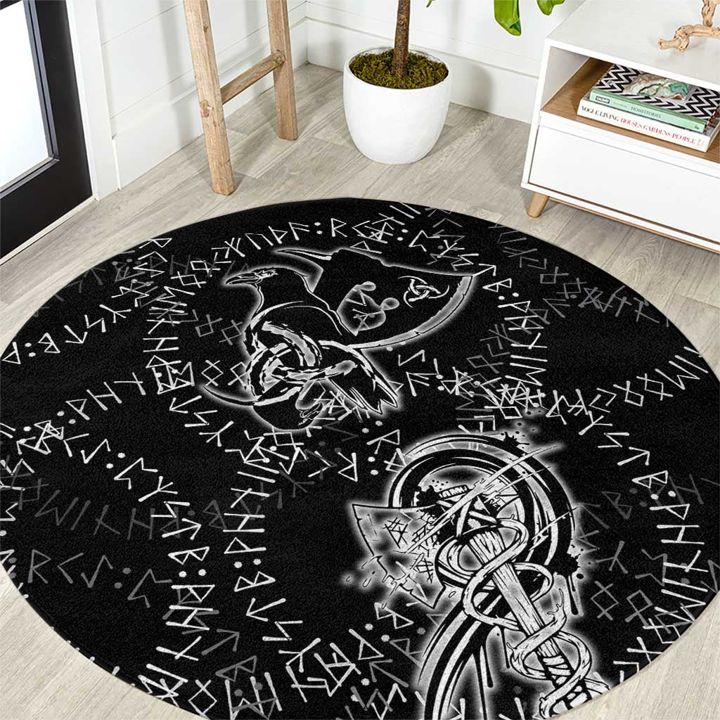 Norse Dragon and Viking Axe Round Carpet Monochrome Runic Line Art Illustration