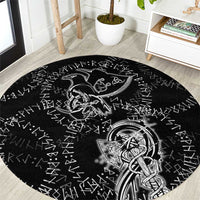 Norse Dragon and Viking Axe Round Carpet Monochrome Runic Line Art Illustration