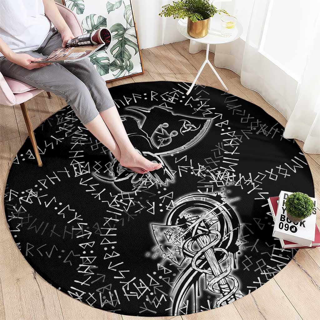 Norse Dragon and Viking Axe Round Carpet Monochrome Runic Line Art Illustration