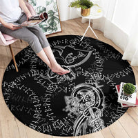 Norse Dragon and Viking Axe Round Carpet Monochrome Runic Line Art Illustration