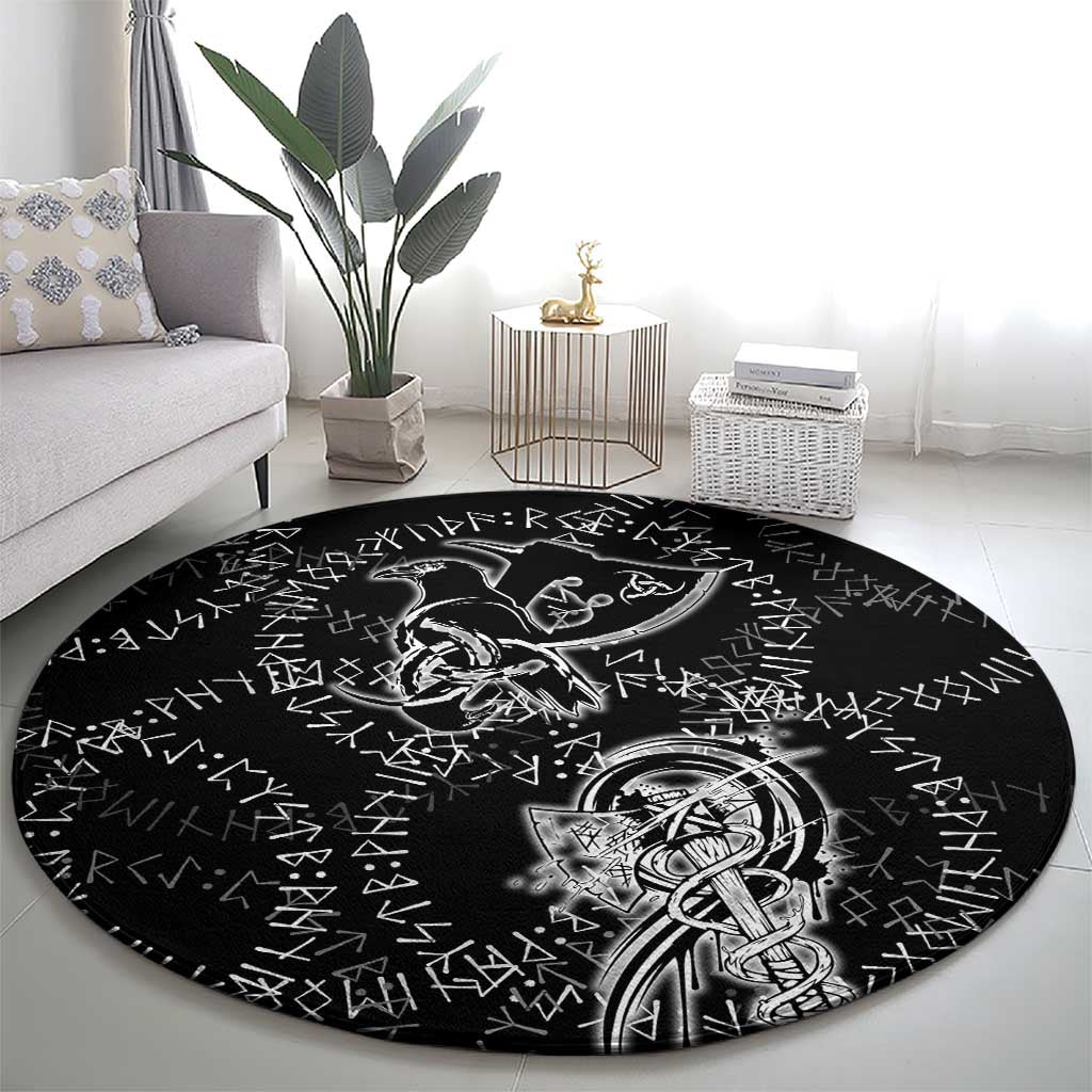 Norse Dragon and Viking Axe Round Carpet Monochrome Runic Line Art Illustration