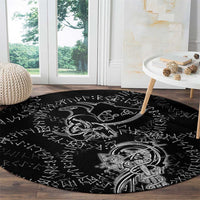 Norse Dragon and Viking Axe Round Carpet Monochrome Runic Line Art Illustration