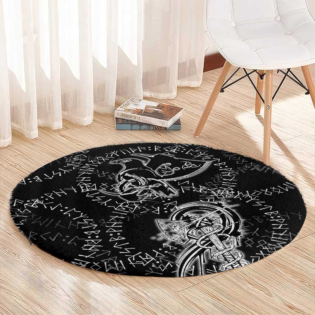 Norse Dragon and Viking Axe Round Carpet Monochrome Runic Line Art Illustration