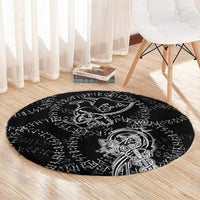 Norse Dragon and Viking Axe Round Carpet Monochrome Runic Line Art Illustration
