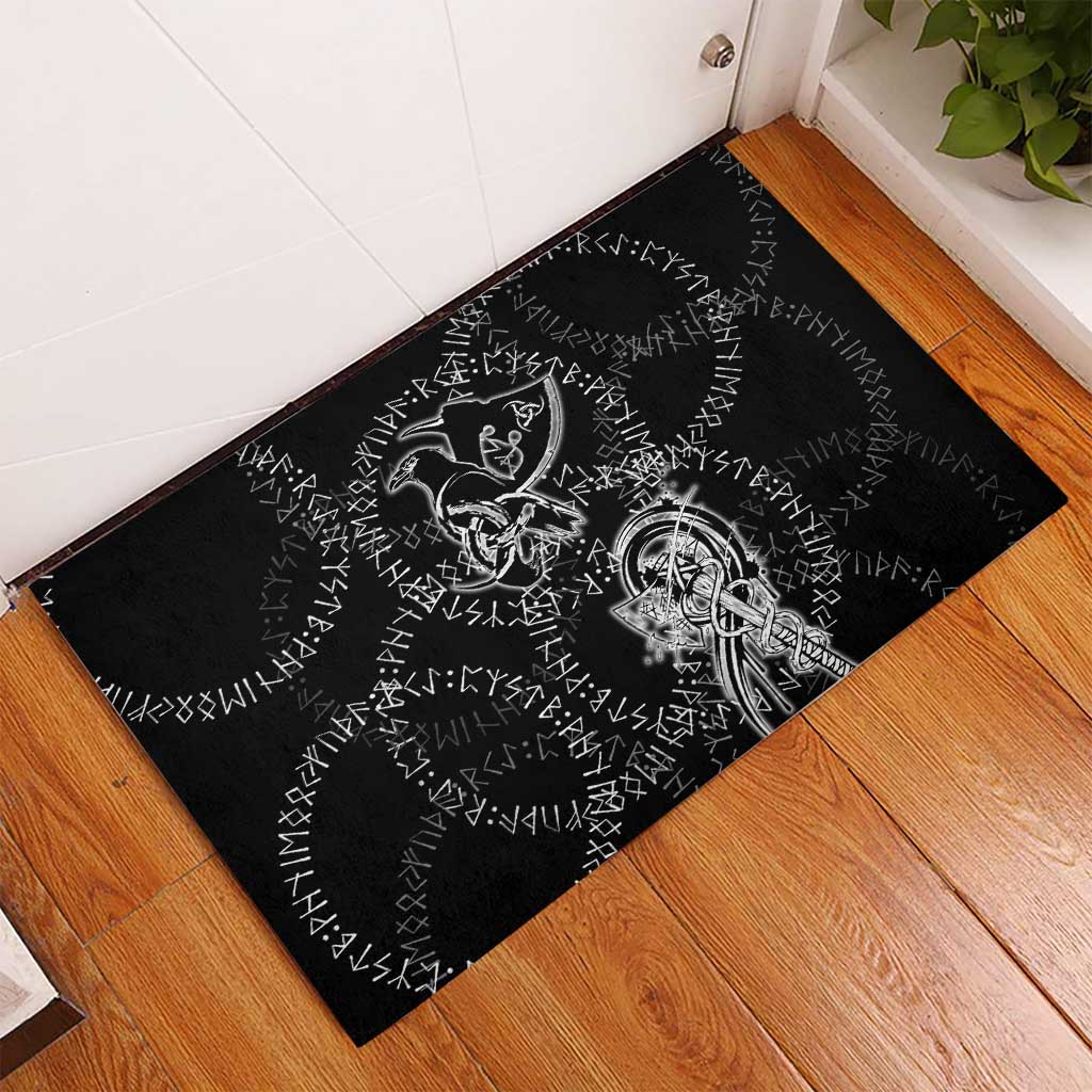 Norse Dragon and Viking Axe Rubber Doormat Monochrome Runic Line Art Illustration