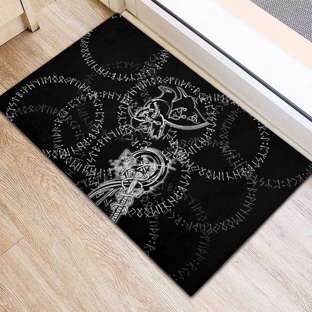 Norse Dragon and Viking Axe Rubber Doormat Monochrome Runic Line Art Illustration