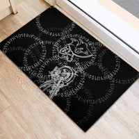 Norse Dragon and Viking Axe Rubber Doormat Monochrome Runic Line Art Illustration