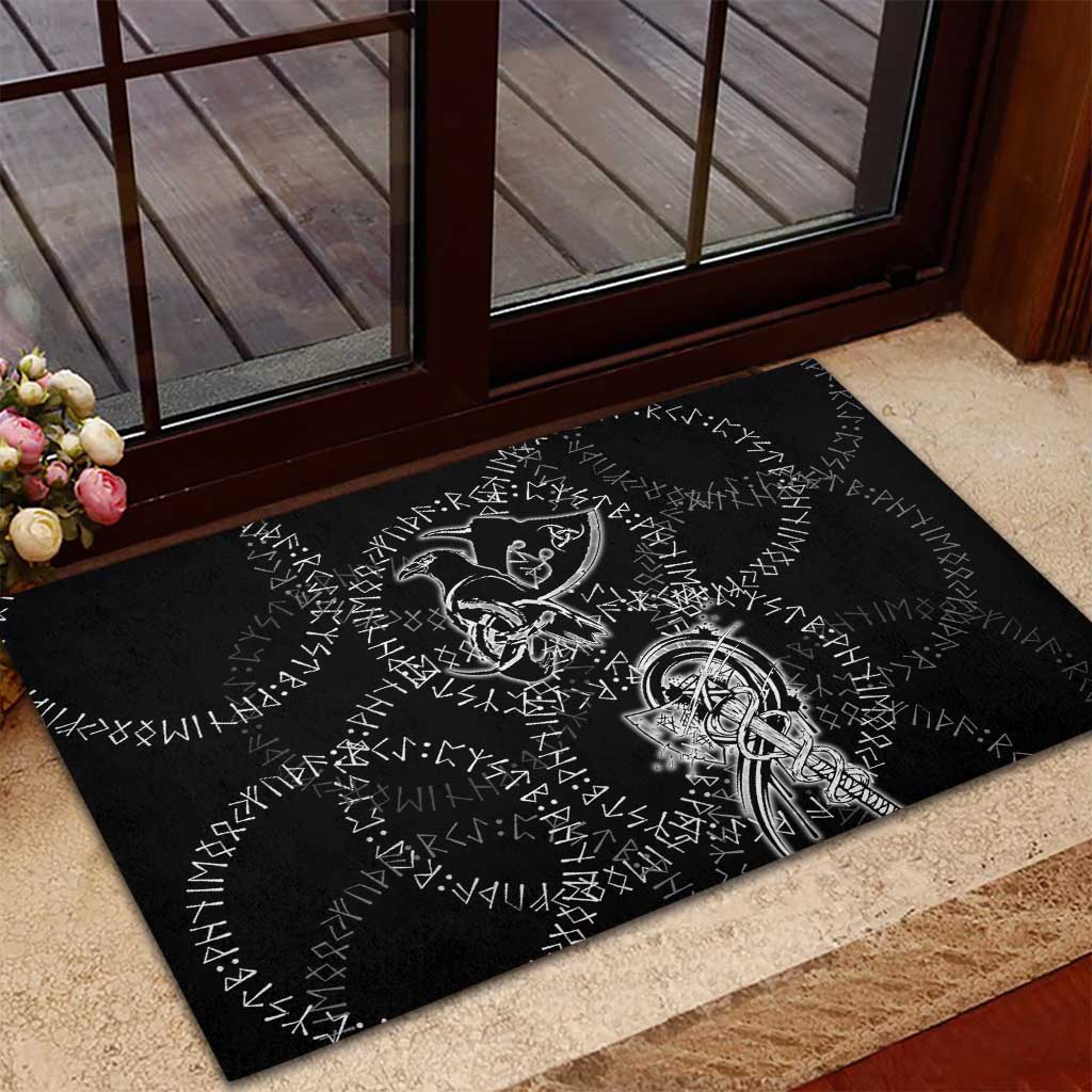 Norse Dragon and Viking Axe Rubber Doormat Monochrome Runic Line Art Illustration