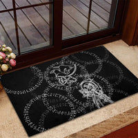 Norse Dragon and Viking Axe Rubber Doormat Monochrome Runic Line Art Illustration