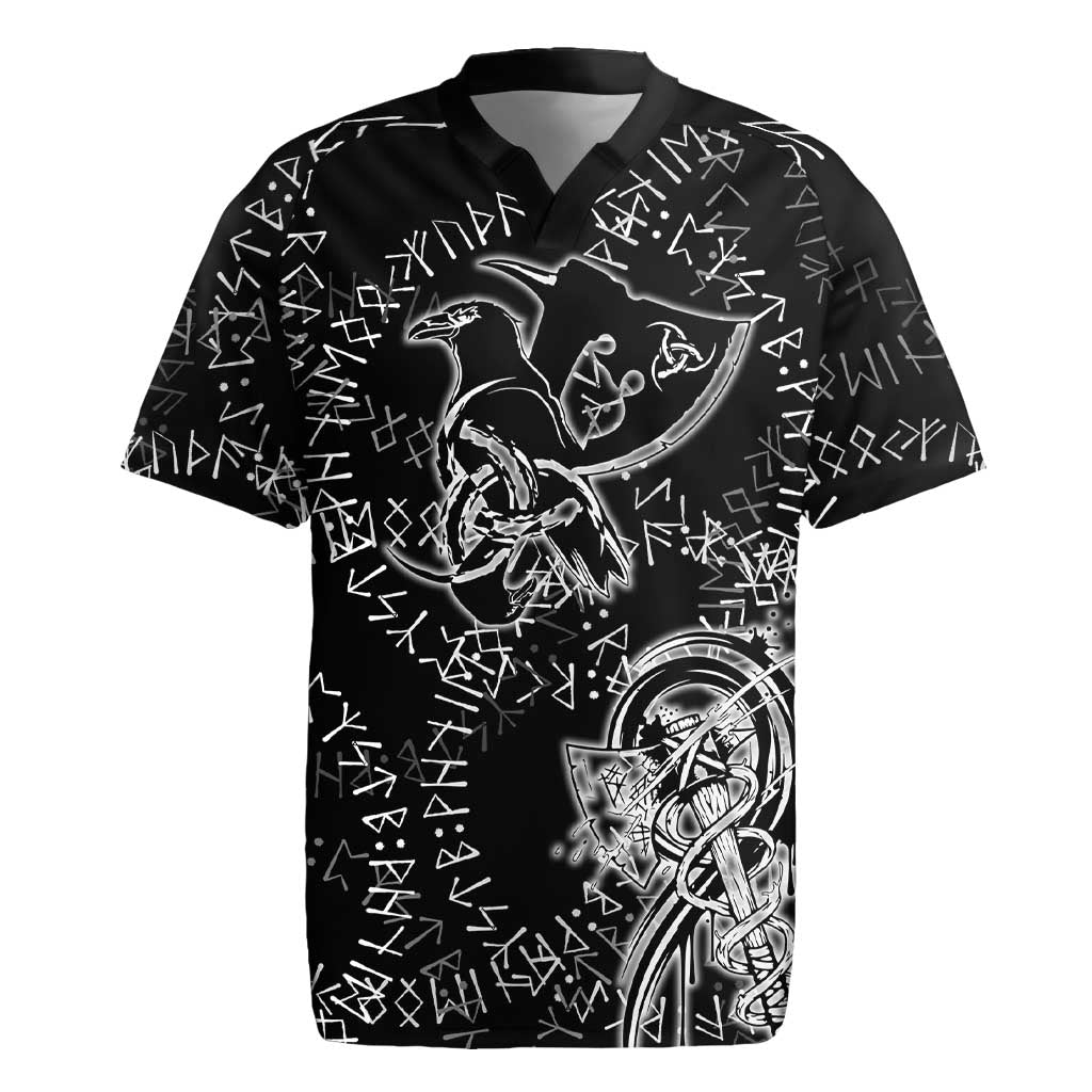 Norse Dragon and Viking Axe Rugby Jersey Monochrome Runic Line Art Illustration