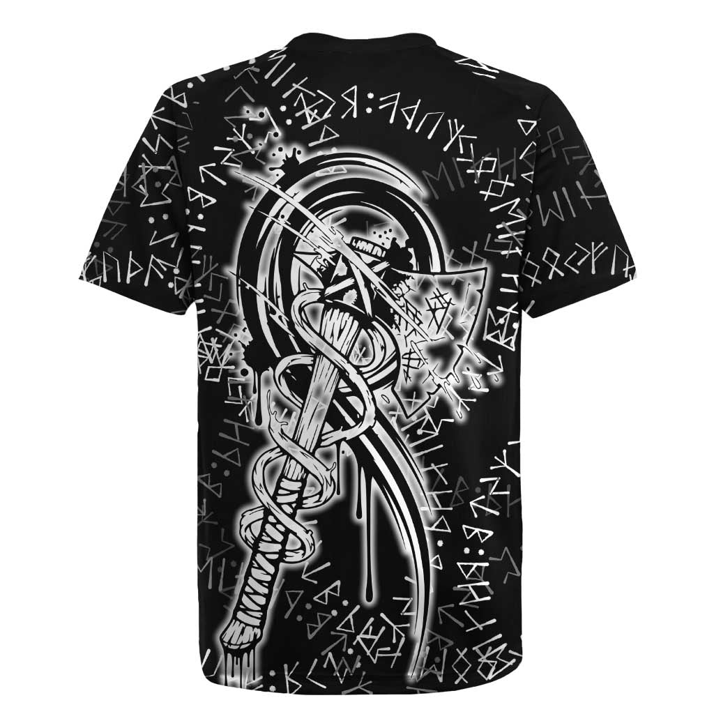 Norse Dragon and Viking Axe Rugby Jersey Monochrome Runic Line Art Illustration
