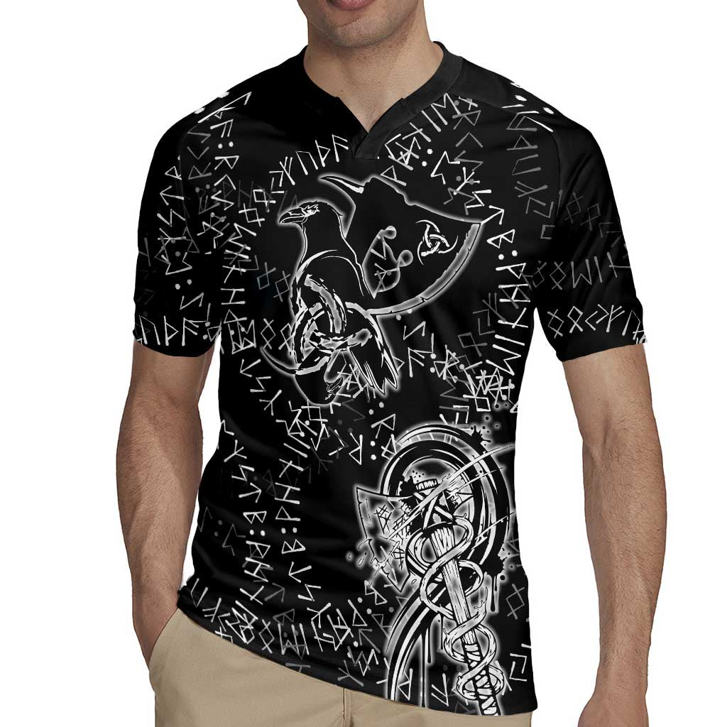 Norse Dragon and Viking Axe Rugby Jersey Monochrome Runic Line Art Illustration