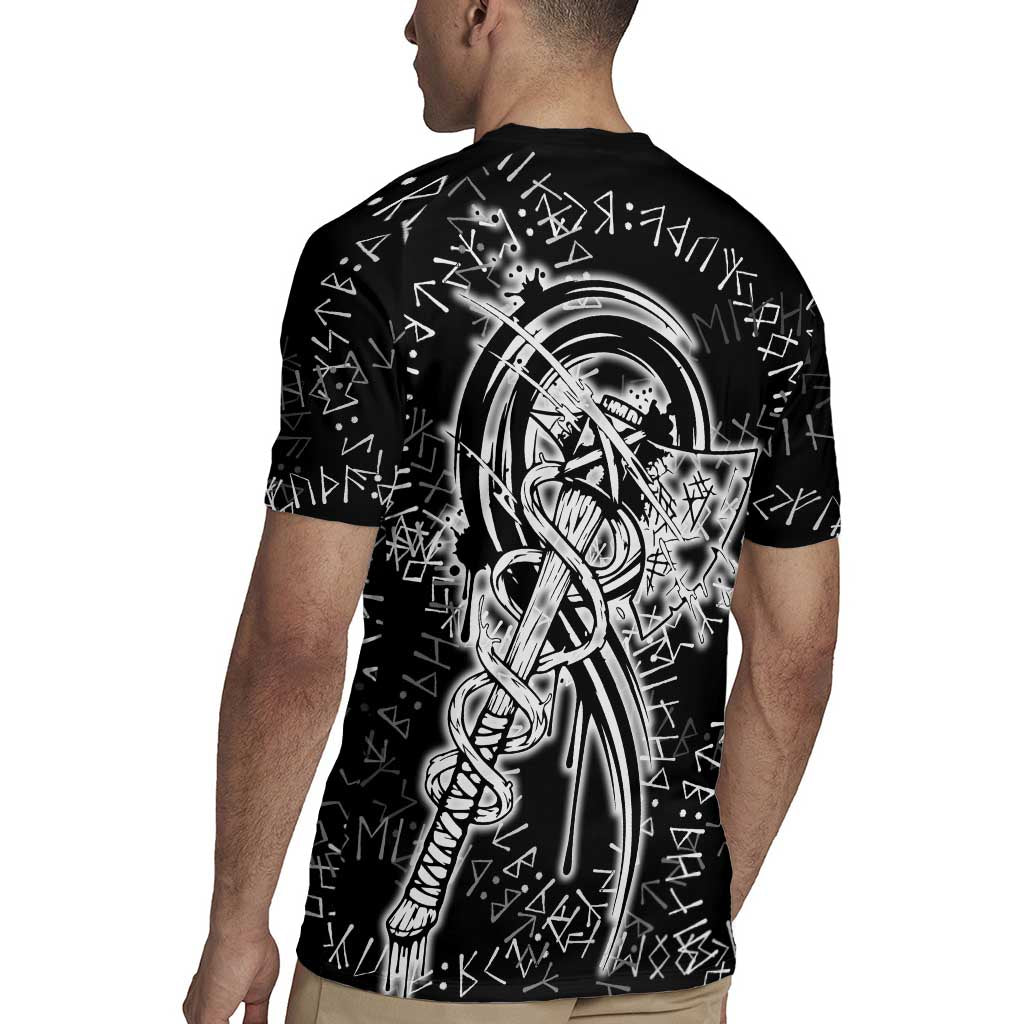 Norse Dragon and Viking Axe Rugby Jersey Monochrome Runic Line Art Illustration